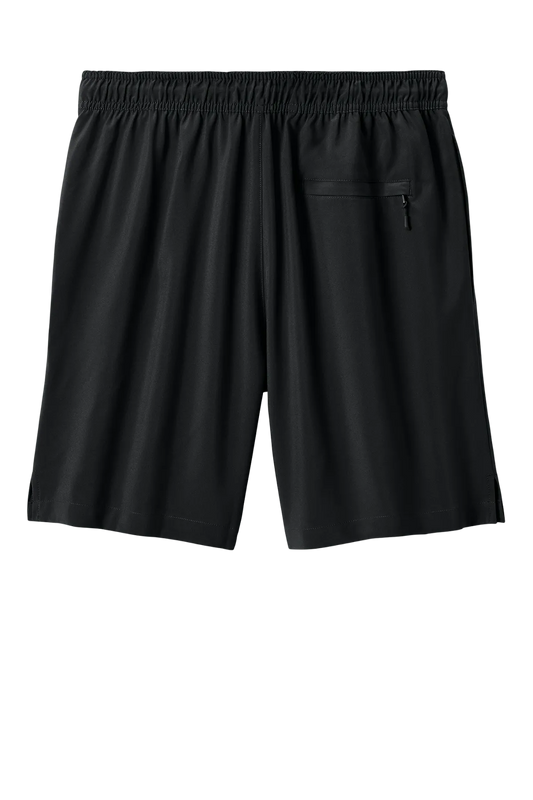 Black athletic shorts with an elastic waistband and a zippered side pocket, shown against a plain white background.