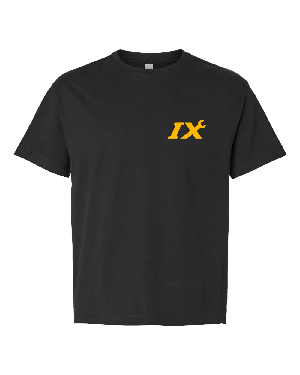 A black short-sleeve crewneck t-shirt with a small yellow embroidered Roman numeral 'IX' logo on the left chest, displayed against a solid white background.