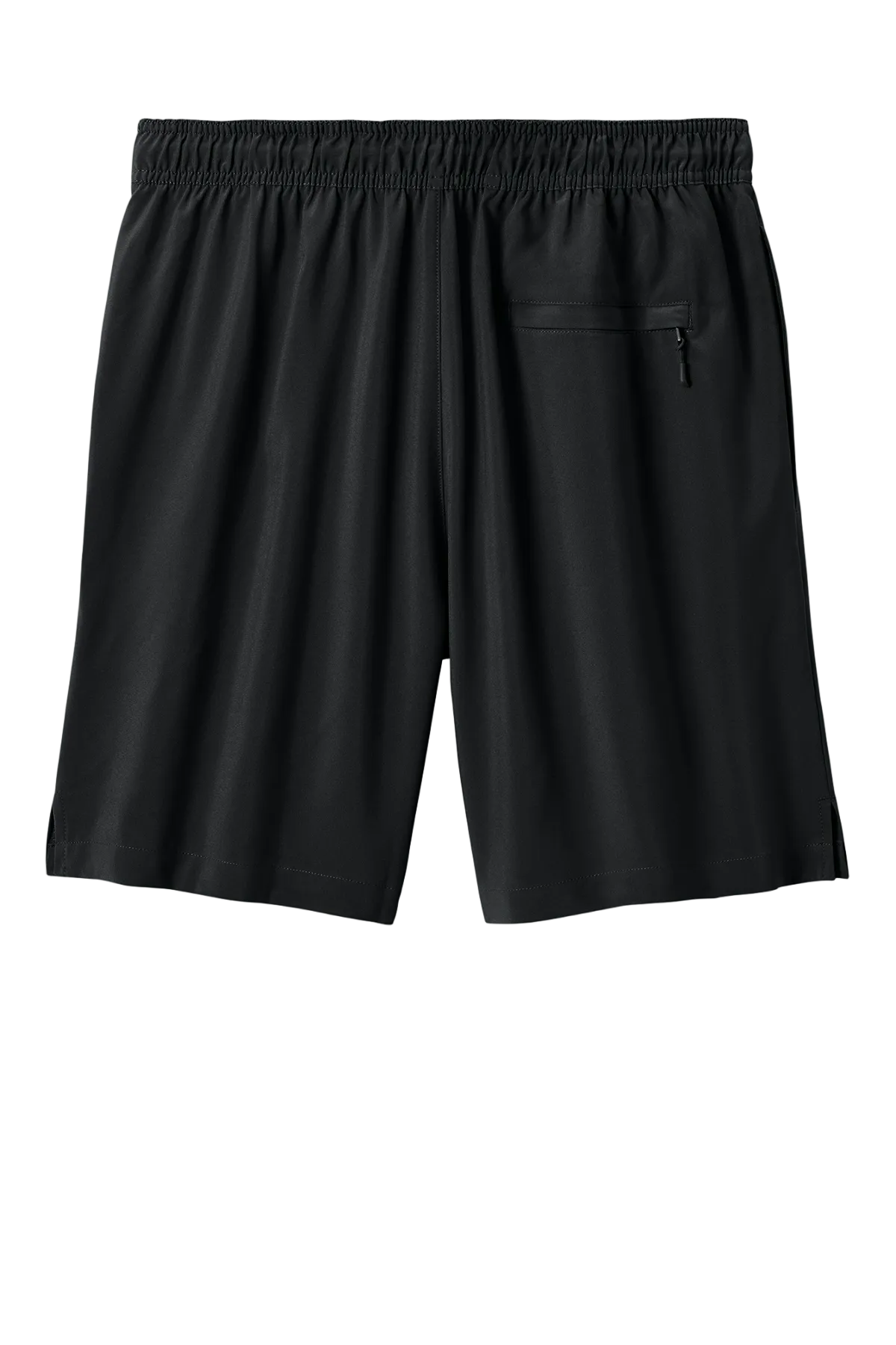 Black athletic shorts with an elastic waistband and a zippered side pocket, shown against a plain white background.