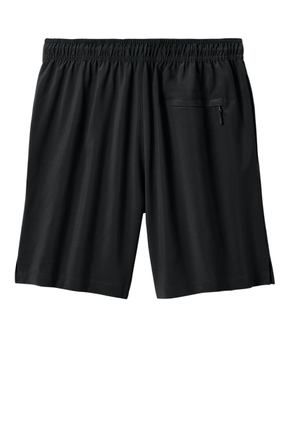 Black athletic shorts with an elastic waistband and a zippered side pocket, shown against a plain white background.