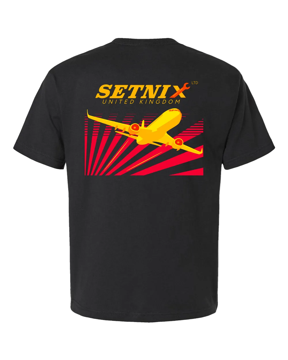 A black short-sleeve t-shirt shown from the back, featuring a large graphic print of a yellow airplane over red sunburst rays, with the text 'SETNIX UNITED KINGDOM' in yellow and red.