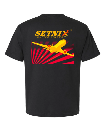 A black short-sleeve t-shirt shown from the back, featuring a large graphic print of a yellow airplane over red sunburst rays, with the text 'SETNIX UNITED KINGDOM' in yellow and red.