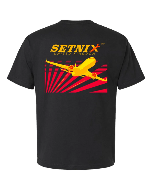 A black short-sleeve t-shirt shown from the back, featuring a large graphic print of a yellow airplane over red sunburst rays, with the text 'SETNIX UNITED KINGDOM' in yellow and red.