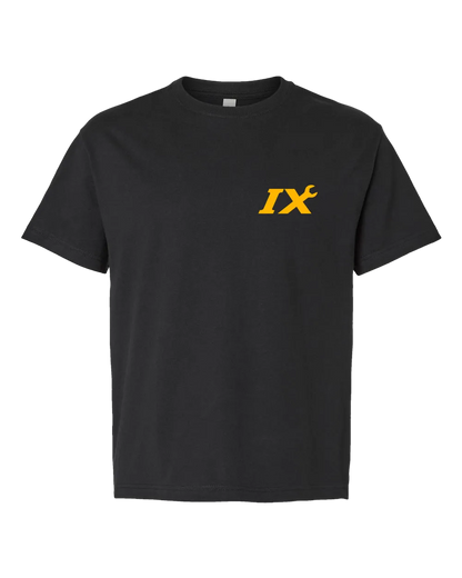 A black short-sleeve crewneck t-shirt with a small yellow embroidered Roman numeral 'IX' logo on the left chest, displayed against a solid white background.