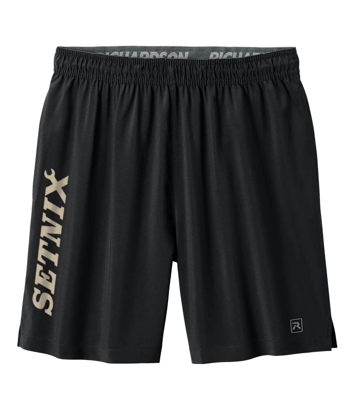 Black athletic shorts with a vertical beige 'SETNIX' logo on the left leg, an elastic waistband with 'RICHARDSON' branding, and a small logo on the lower right hem, shown against a plain white background.