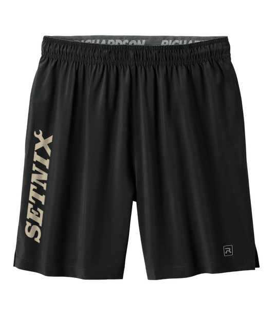 Black athletic shorts with a vertical beige 'SETNIX' logo on the left leg, an elastic waistband with 'RICHARDSON' branding, and a small logo on the lower right hem, shown against a plain white background.