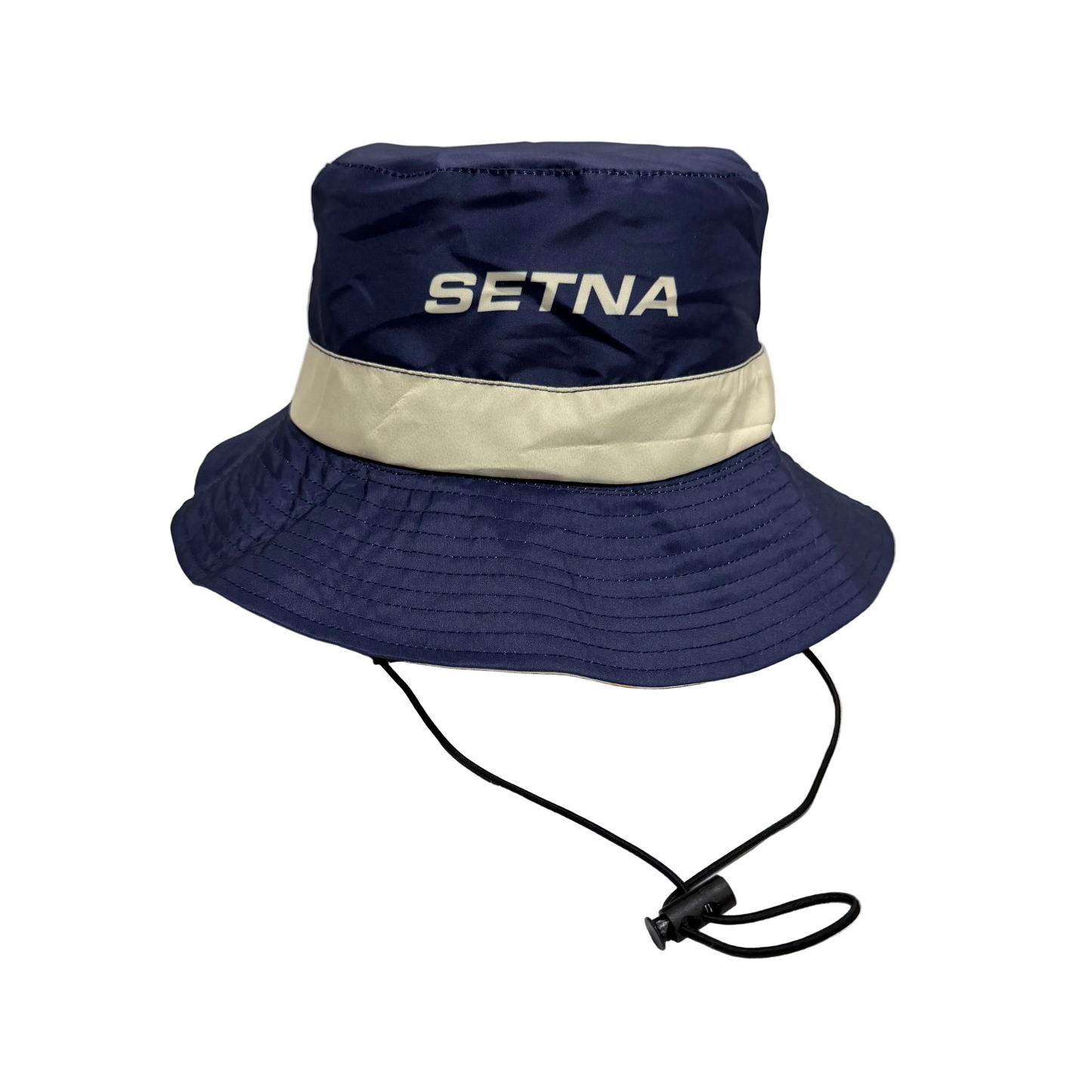 Navy bucket hat with beige band and 'SETNA' branding on a white background