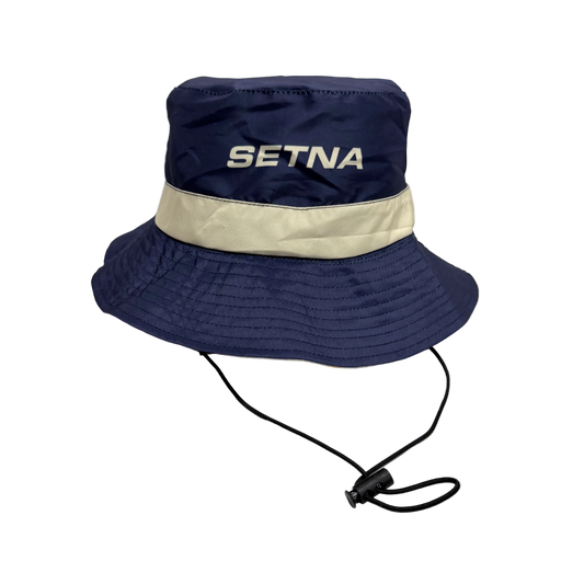 Navy bucket hat with beige band and 'SETNA' branding on a white background